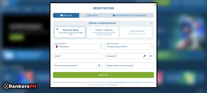 1xbet registration interface