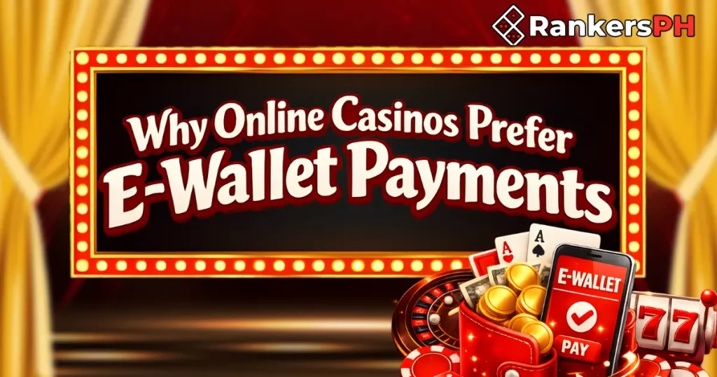 Why online casinos prefer e-wallet payments like GCASH AND MAYA, featuring a red casino-themed banner with e-wallet, mobile payment screen, coins, cards, and slot machine graphics.