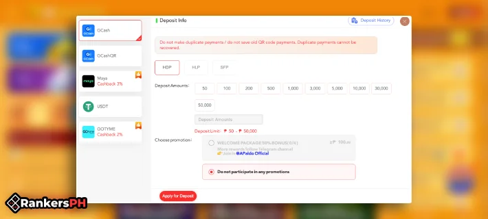 apaldo deposit interface