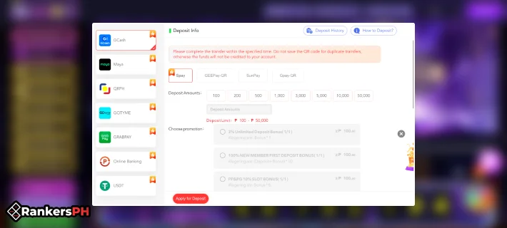 gojackpot deposit interface