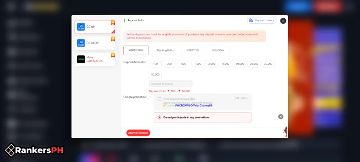 phcrown deposit interface